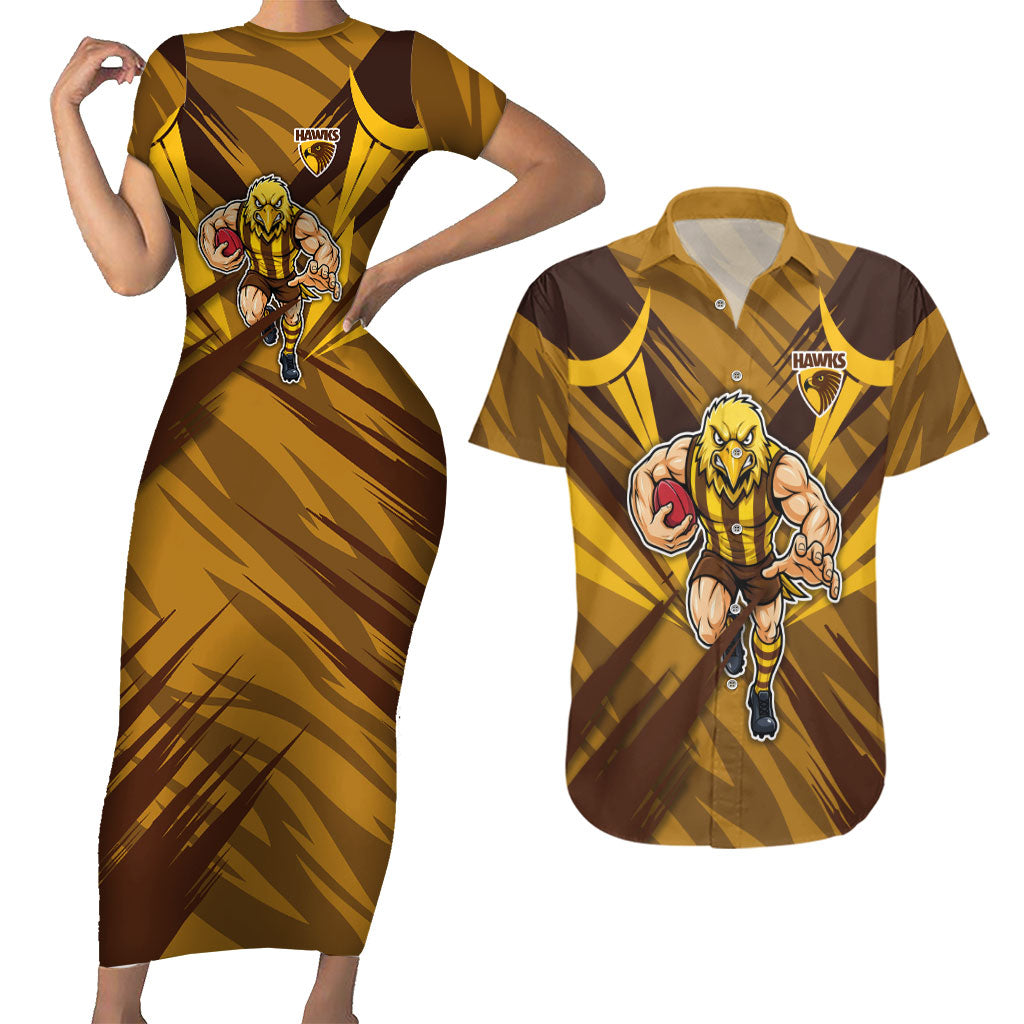 Hawthorn Hawks Australian Football Couples Matching Short Sleeve Bodycon Dress and Hawaiian Shirt Fierce Bird Mascot - Bold Team Colors