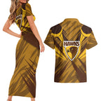 Hawthorn Hawks Australian Football Couples Matching Short Sleeve Bodycon Dress and Hawaiian Shirt Fierce Bird Mascot - Bold Team Colors