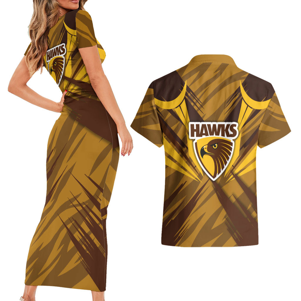 Hawthorn Hawks Australian Football Couples Matching Short Sleeve Bodycon Dress and Hawaiian Shirt Fierce Bird Mascot - Bold Team Colors