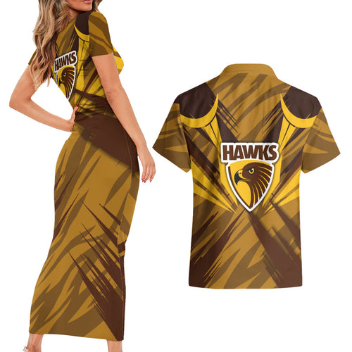 Hawthorn Hawks Australian Football Couples Matching Short Sleeve Bodycon Dress and Hawaiian Shirt Fierce Bird Mascot - Bold Team Colors