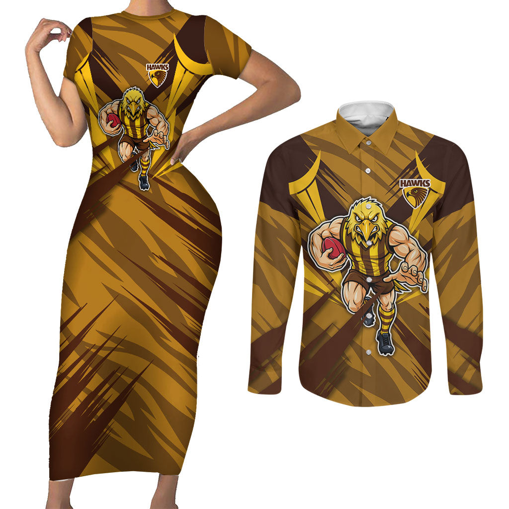 Hawthorn Hawks Australian Football Couples Matching Short Sleeve Bodycon Dress and Long Sleeve Button Shirt Fierce Bird Mascot - Bold Team Colors