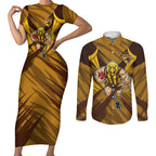 Hawthorn Hawks Australian Football Couples Matching Short Sleeve Bodycon Dress and Long Sleeve Button Shirt Fierce Bird Mascot - Bold Team Colors