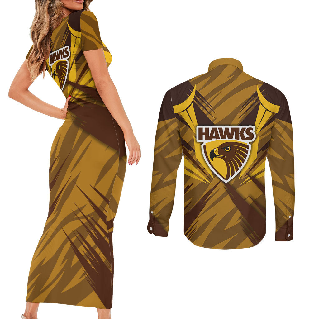 Hawthorn Hawks Australian Football Couples Matching Short Sleeve Bodycon Dress and Long Sleeve Button Shirt Fierce Bird Mascot - Bold Team Colors