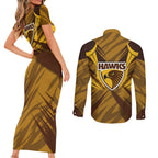 Hawthorn Hawks Australian Football Couples Matching Short Sleeve Bodycon Dress and Long Sleeve Button Shirt Fierce Bird Mascot - Bold Team Colors