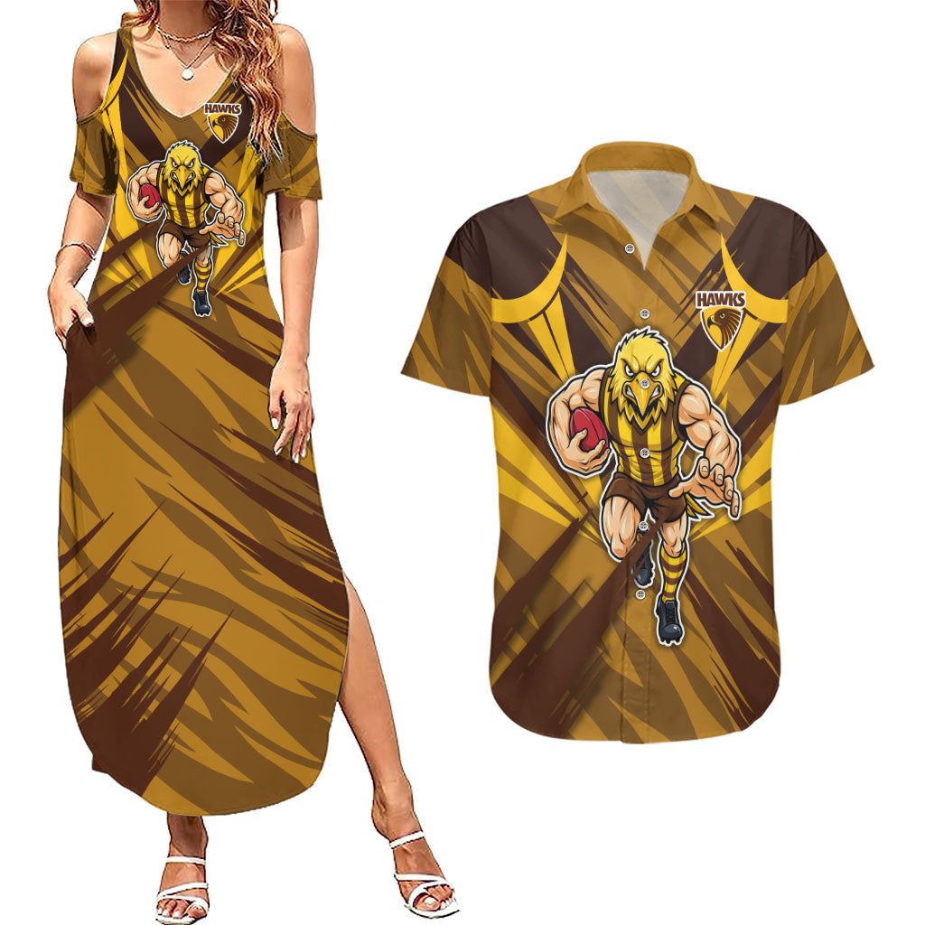 Hawthorn Hawks Australian Football Couples Matching Summer Maxi Dress and Hawaiian Shirt Fierce Bird Mascot - Bold Team Colors