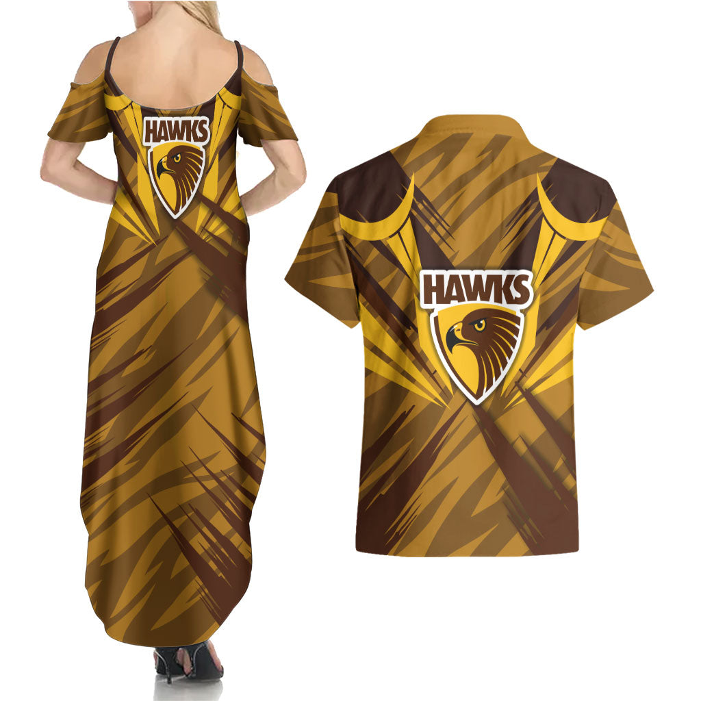 Hawthorn Hawks Australian Football Couples Matching Summer Maxi Dress and Hawaiian Shirt Fierce Bird Mascot - Bold Team Colors