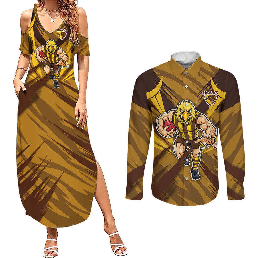 Hawthorn Hawks Australian Football Couples Matching Summer Maxi Dress and Long Sleeve Button Shirt Fierce Bird Mascot - Bold Team Colors