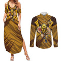 Hawthorn Hawks Australian Football Couples Matching Summer Maxi Dress and Long Sleeve Button Shirt Fierce Bird Mascot - Bold Team Colors