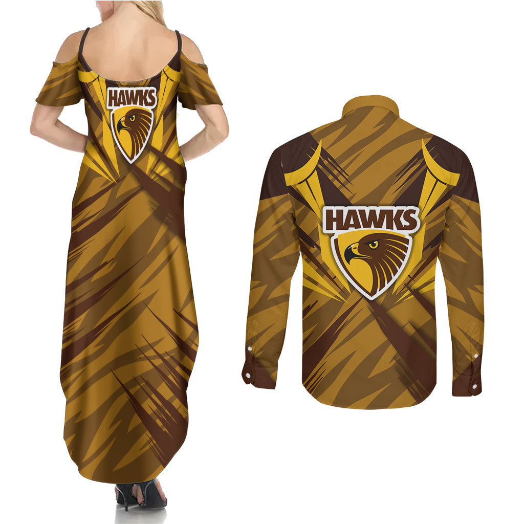 Hawthorn Hawks Australian Football Couples Matching Summer Maxi Dress and Long Sleeve Button Shirt Fierce Bird Mascot - Bold Team Colors