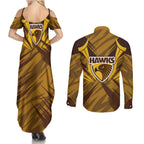 Hawthorn Hawks Australian Football Couples Matching Summer Maxi Dress and Long Sleeve Button Shirt Fierce Bird Mascot - Bold Team Colors