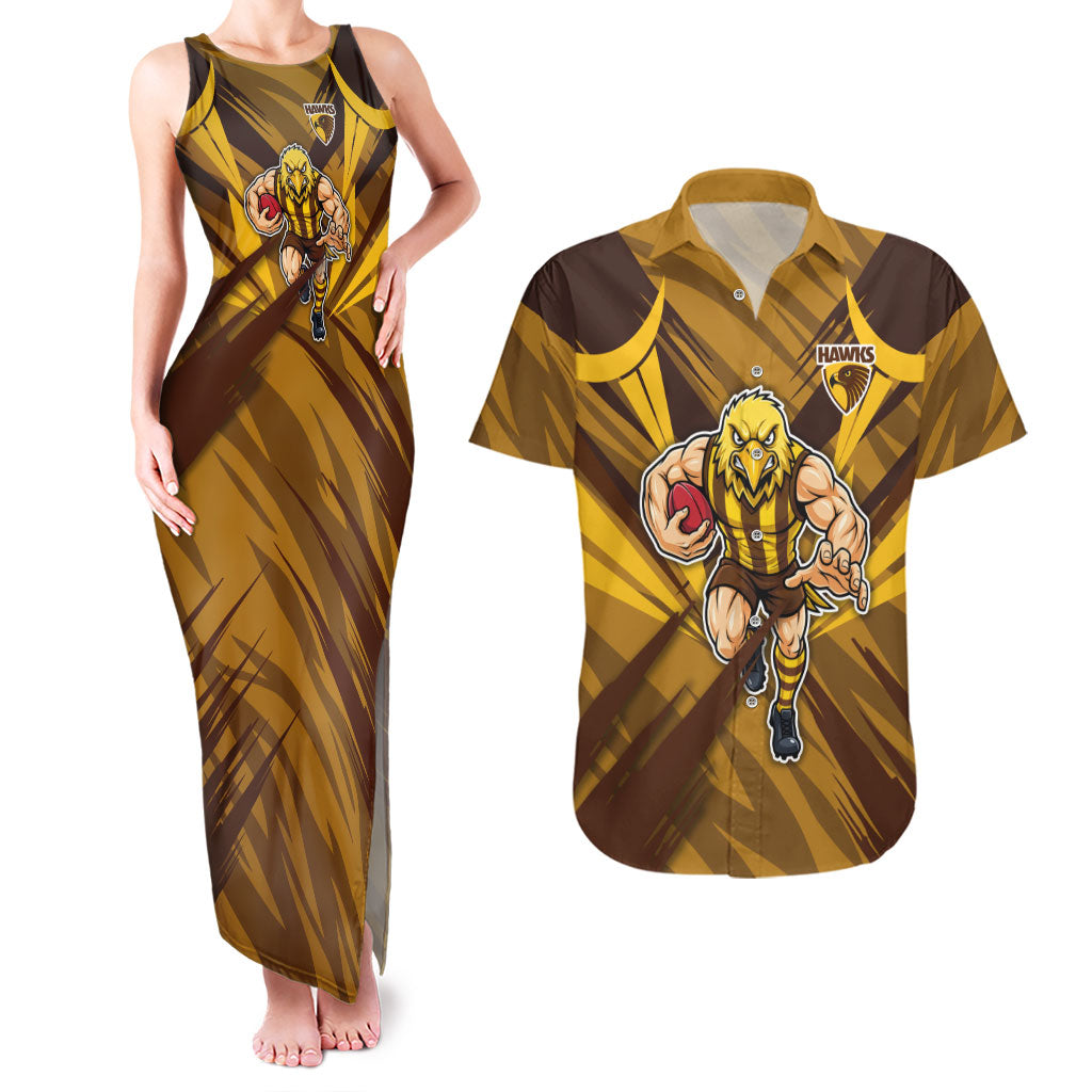 Hawthorn Hawks Australian Football Couples Matching Tank Maxi Dress and Hawaiian Shirt Fierce Bird Mascot - Bold Team Colors