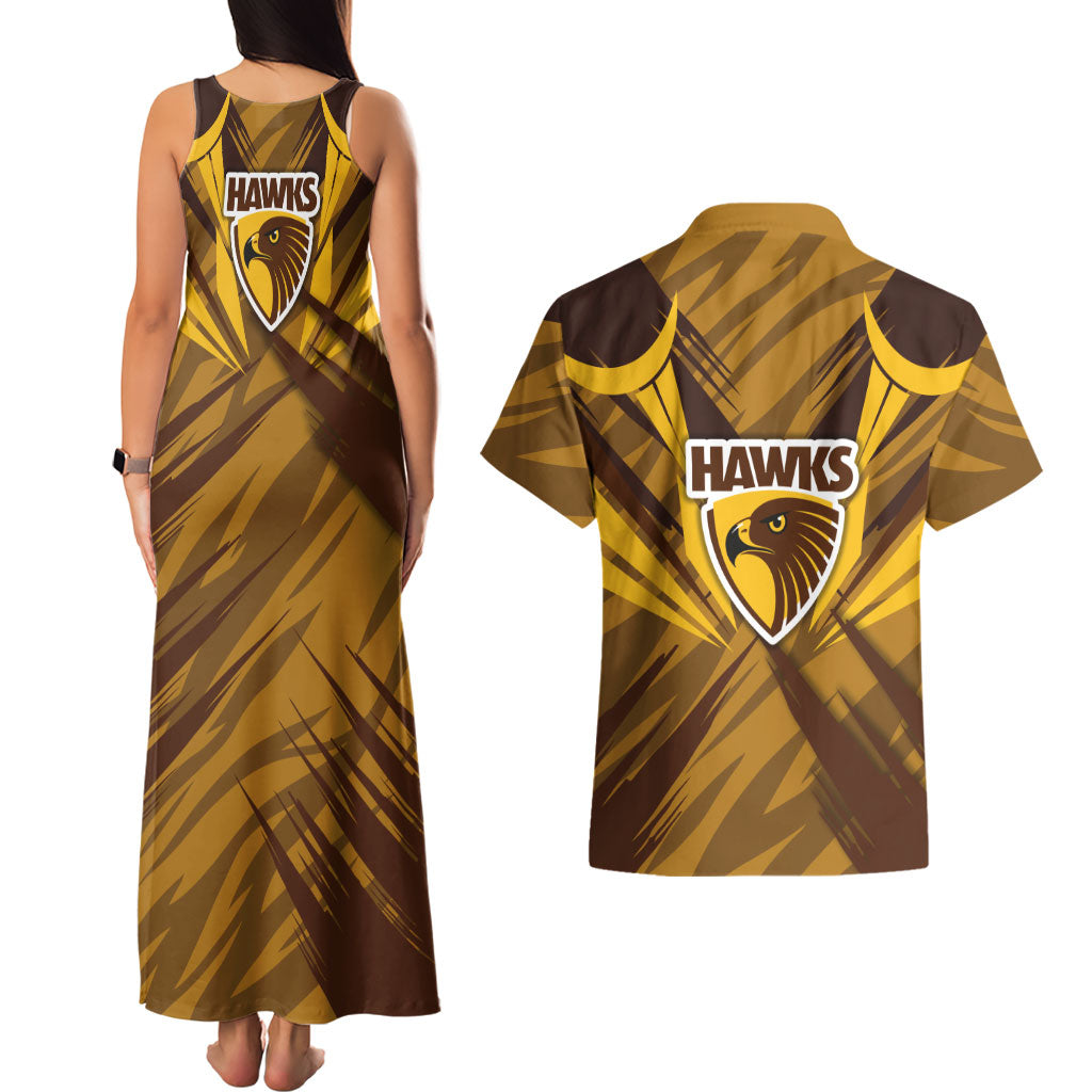 Hawthorn Hawks Australian Football Couples Matching Tank Maxi Dress and Hawaiian Shirt Fierce Bird Mascot - Bold Team Colors