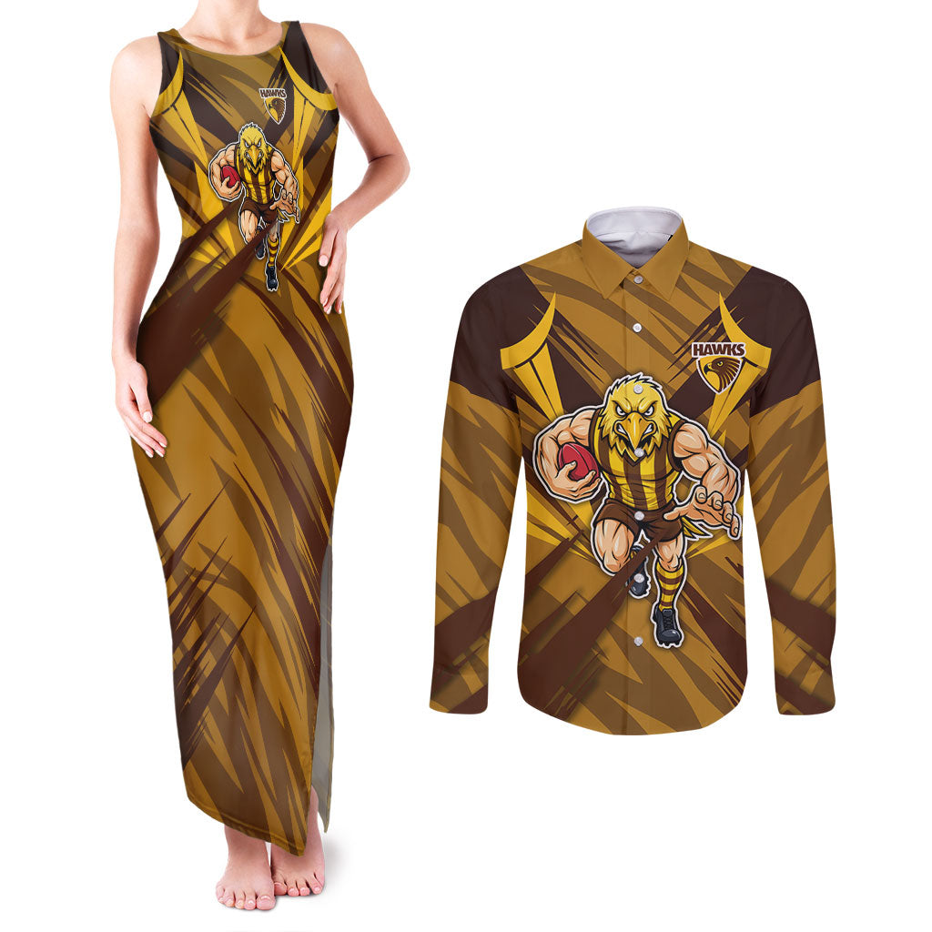 Hawthorn Hawks Australian Football Couples Matching Tank Maxi Dress and Long Sleeve Button Shirt Fierce Bird Mascot - Bold Team Colors