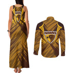 Hawthorn Hawks Australian Football Couples Matching Tank Maxi Dress and Long Sleeve Button Shirt Fierce Bird Mascot - Bold Team Colors