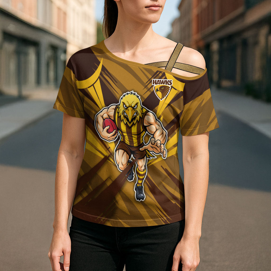 Hawthorn Hawks Australian Football Cross Shoulder Shirt Fierce Bird Mascot - Bold Team Colors