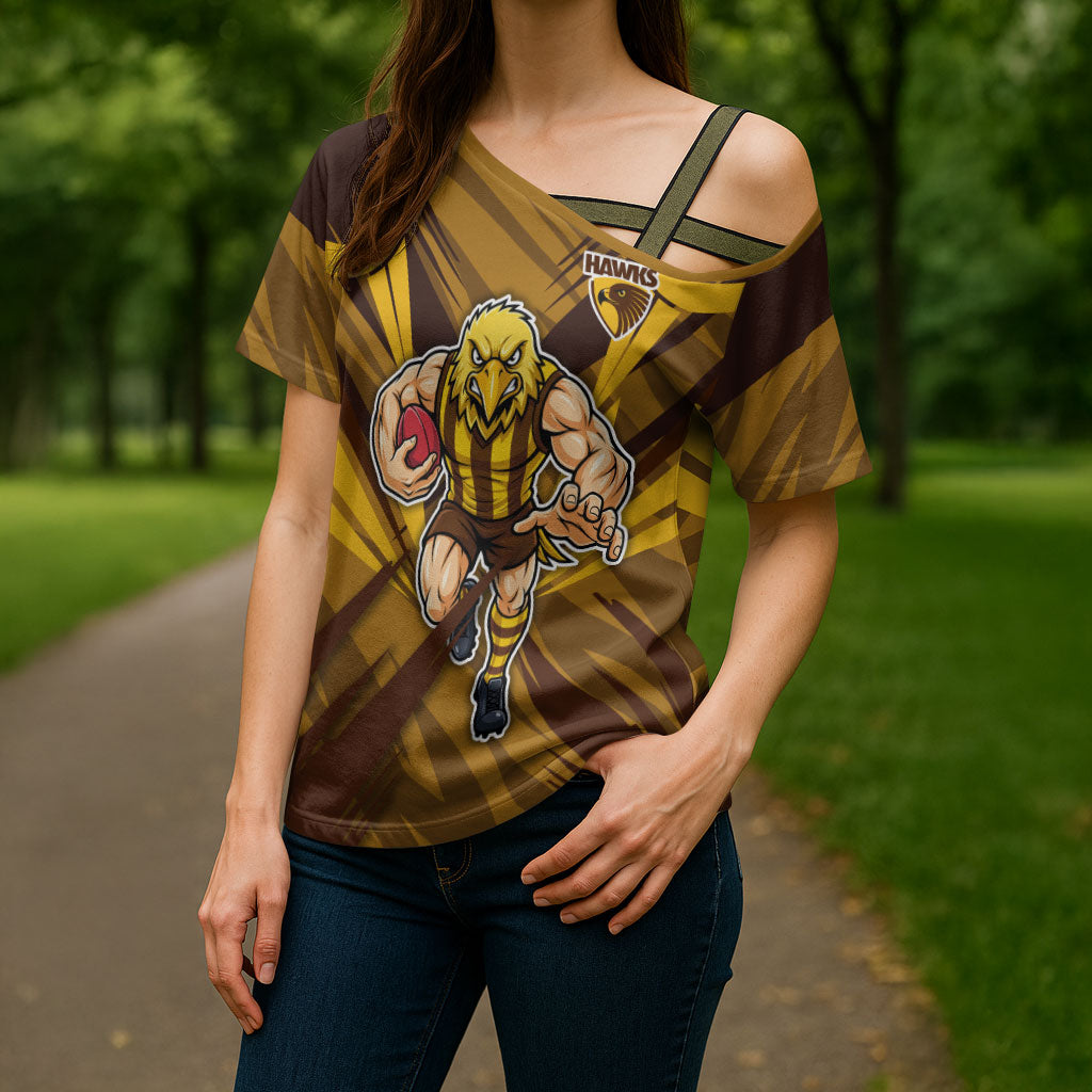 Hawthorn Hawks Australian Football Cross Shoulder Shirt Fierce Bird Mascot - Bold Team Colors