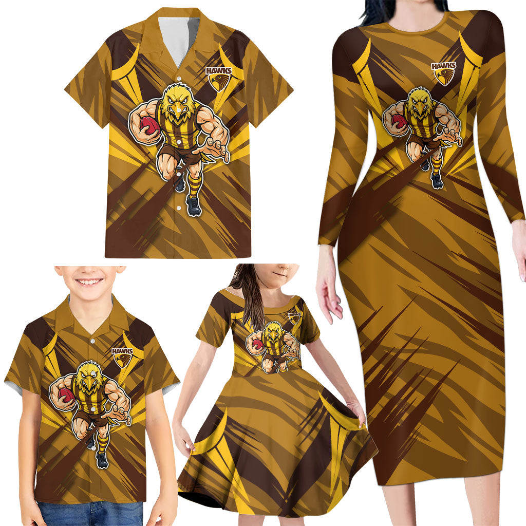 Hawthorn Hawks Australian Football Family Matching Long Sleeve Bodycon Dress and Hawaiian Shirt Fierce Bird Mascot - Bold Team Colors