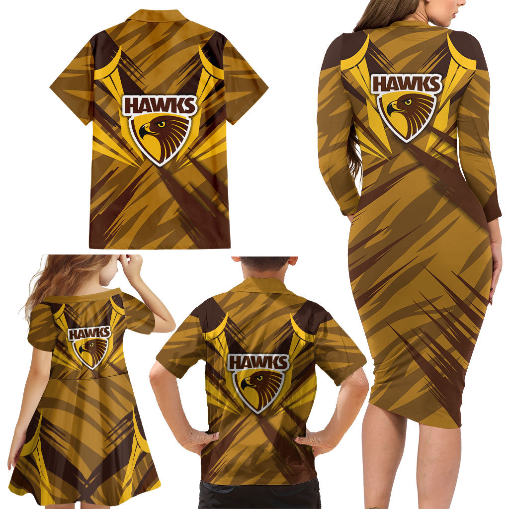 Hawthorn Hawks Australian Football Family Matching Long Sleeve Bodycon Dress and Hawaiian Shirt Fierce Bird Mascot - Bold Team Colors