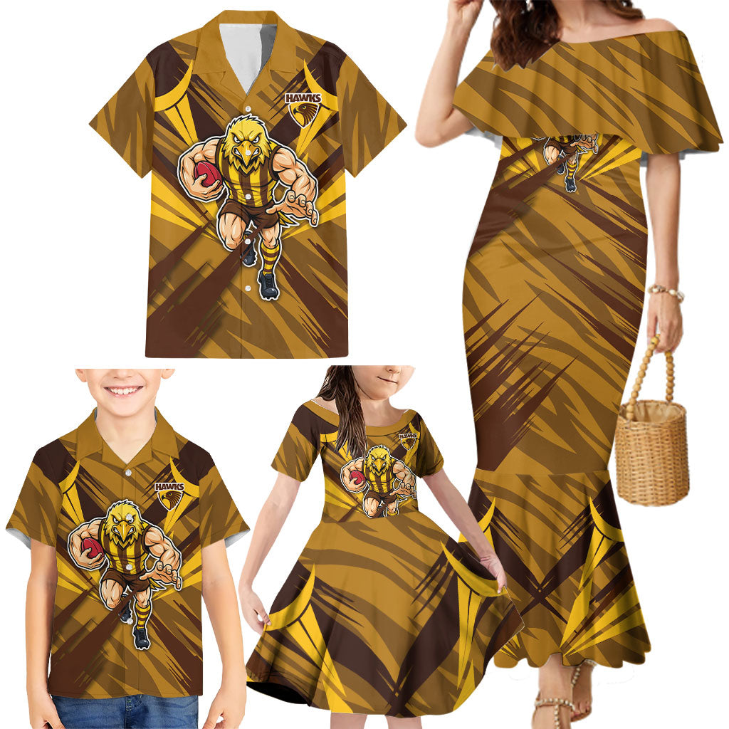 Hawthorn Hawks Australian Football Family Matching Mermaid Dress and Hawaiian Shirt Fierce Bird Mascot - Bold Team Colors