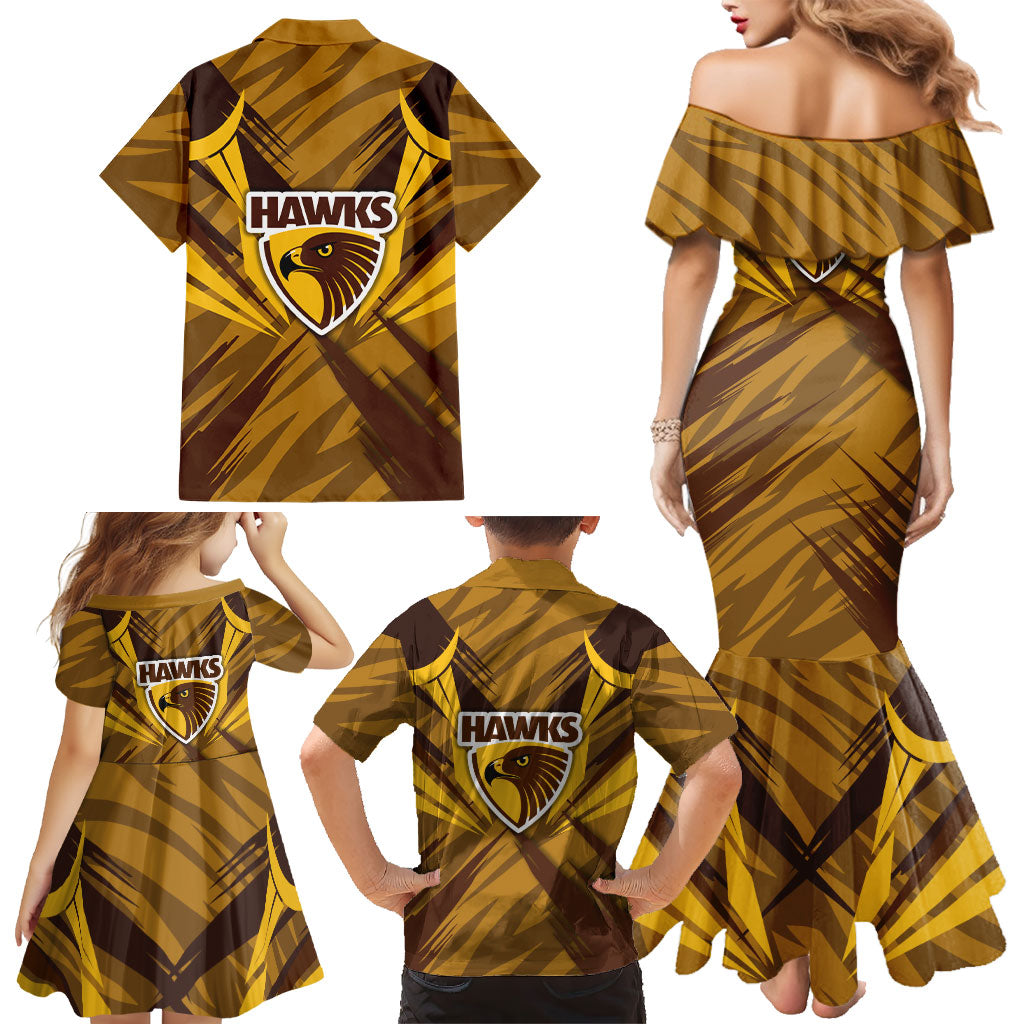 Hawthorn Hawks Australian Football Family Matching Mermaid Dress and Hawaiian Shirt Fierce Bird Mascot - Bold Team Colors