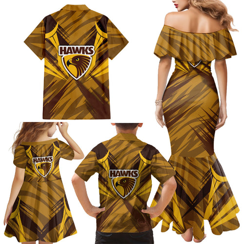 Hawthorn Hawks Australian Football Family Matching Mermaid Dress and Hawaiian Shirt Fierce Bird Mascot - Bold Team Colors