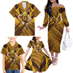 Hawthorn Hawks Australian Football Family Matching Off The Shoulder Long Sleeve Dress and Hawaiian Shirt Fierce Bird Mascot - Bold Team Colors