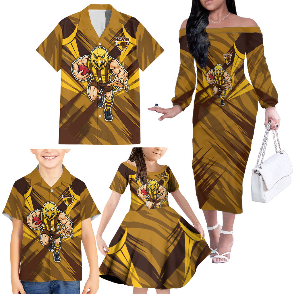 Hawthorn Hawks Australian Football Family Matching Off The Shoulder Long Sleeve Dress and Hawaiian Shirt Fierce Bird Mascot - Bold Team Colors