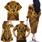 Hawthorn Hawks Australian Football Family Matching Off The Shoulder Long Sleeve Dress and Hawaiian Shirt Fierce Bird Mascot - Bold Team Colors