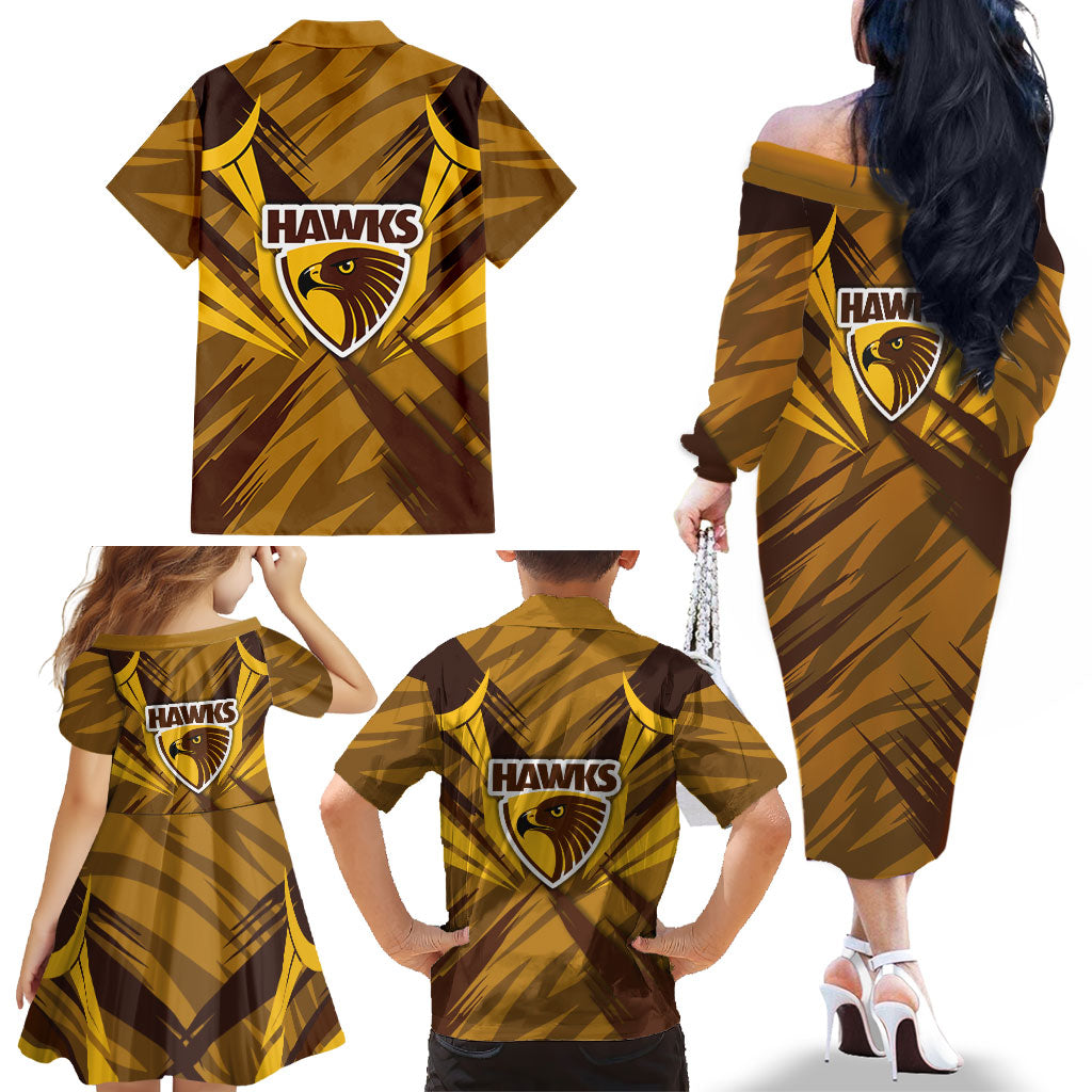 Hawthorn Hawks Australian Football Family Matching Off The Shoulder Long Sleeve Dress and Hawaiian Shirt Fierce Bird Mascot - Bold Team Colors