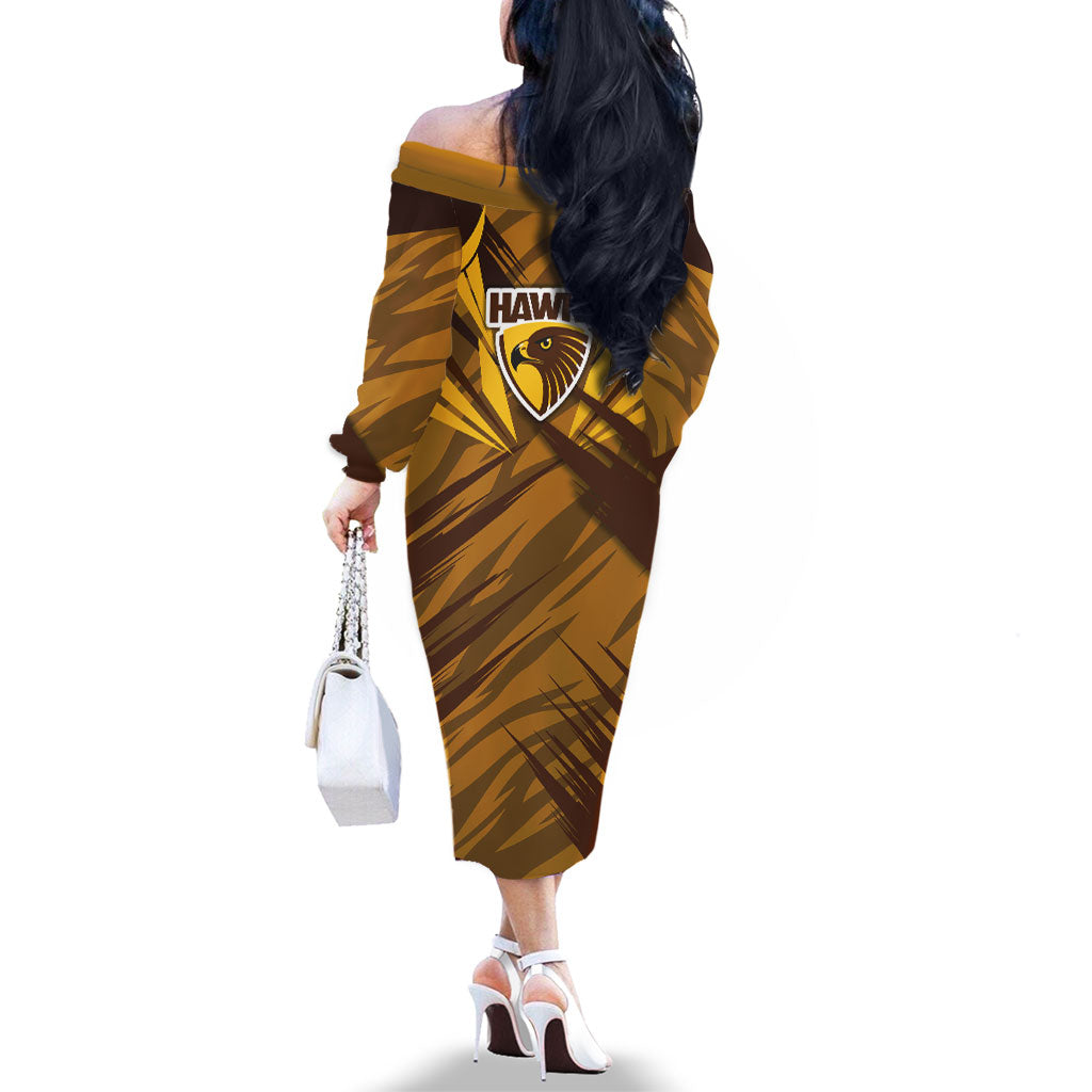 Hawthorn Hawks Australian Football Family Matching Off The Shoulder Long Sleeve Dress and Hawaiian Shirt Fierce Bird Mascot - Bold Team Colors