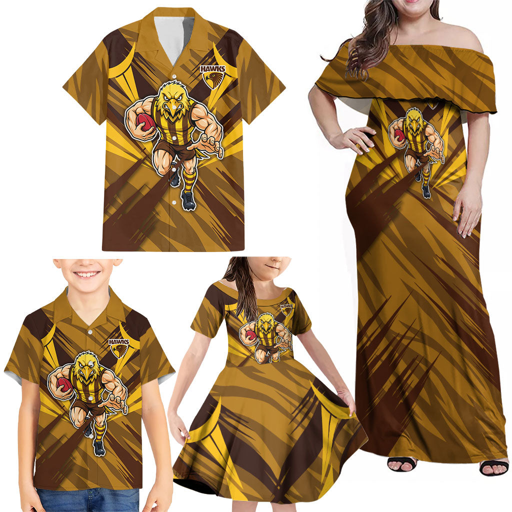 Hawthorn Hawks Australian Football Family Matching Off Shoulder Maxi Dress and Hawaiian Shirt Fierce Bird Mascot - Bold Team Colors
