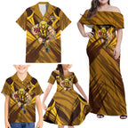 Hawthorn Hawks Australian Football Family Matching Off Shoulder Maxi Dress and Hawaiian Shirt Fierce Bird Mascot - Bold Team Colors