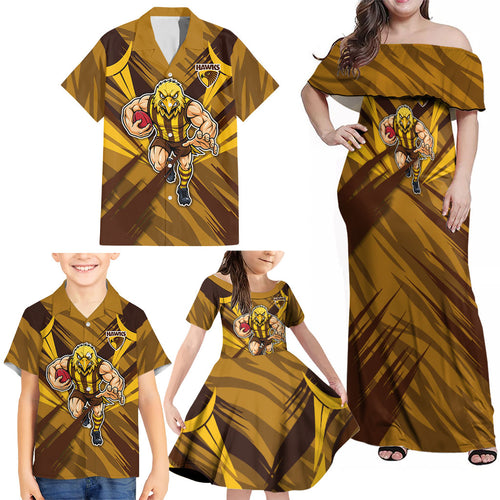 Hawthorn Hawks Australian Football Family Matching Off Shoulder Maxi Dress and Hawaiian Shirt Fierce Bird Mascot - Bold Team Colors