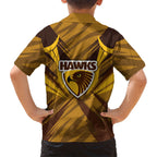 Hawthorn Hawks Australian Football Family Matching Off Shoulder Maxi Dress and Hawaiian Shirt Fierce Bird Mascot - Bold Team Colors