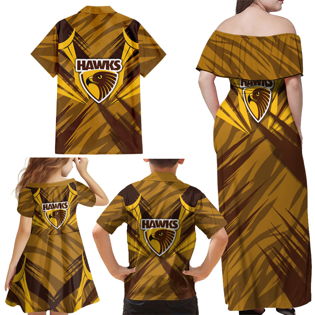 Hawthorn Hawks Australian Football Family Matching Off Shoulder Maxi Dress and Hawaiian Shirt Fierce Bird Mascot - Bold Team Colors