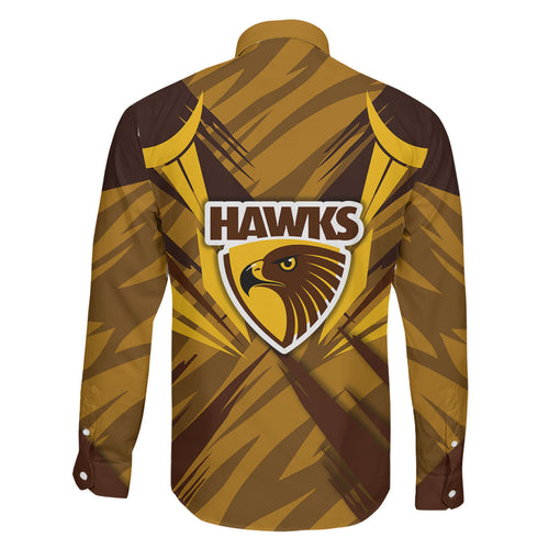Hawthorn Hawks Australian Football Family Matching Off Shoulder Maxi Dress and Hawaiian Shirt Fierce Bird Mascot - Bold Team Colors