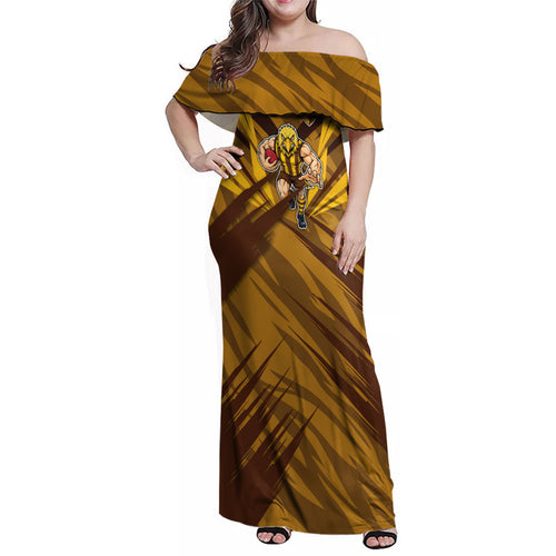Hawthorn Hawks Australian Football Family Matching Off Shoulder Maxi Dress and Hawaiian Shirt Fierce Bird Mascot - Bold Team Colors