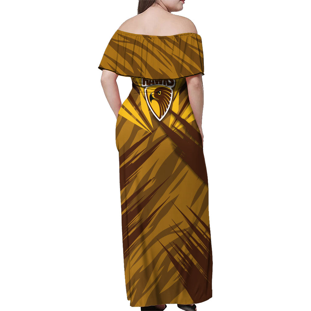 Hawthorn Hawks Australian Football Family Matching Off Shoulder Maxi Dress and Hawaiian Shirt Fierce Bird Mascot - Bold Team Colors