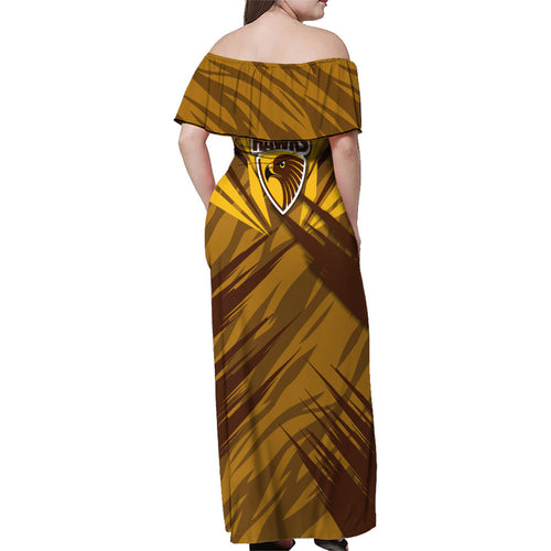 Hawthorn Hawks Australian Football Family Matching Off Shoulder Maxi Dress and Hawaiian Shirt Fierce Bird Mascot - Bold Team Colors
