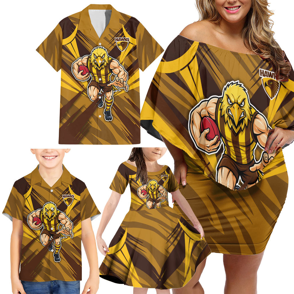 Hawthorn Hawks Australian Football Family Matching Off Shoulder Short Dress and Hawaiian Shirt Fierce Bird Mascot - Bold Team Colors