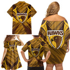 Hawthorn Hawks Australian Football Family Matching Off Shoulder Short Dress and Hawaiian Shirt Fierce Bird Mascot - Bold Team Colors