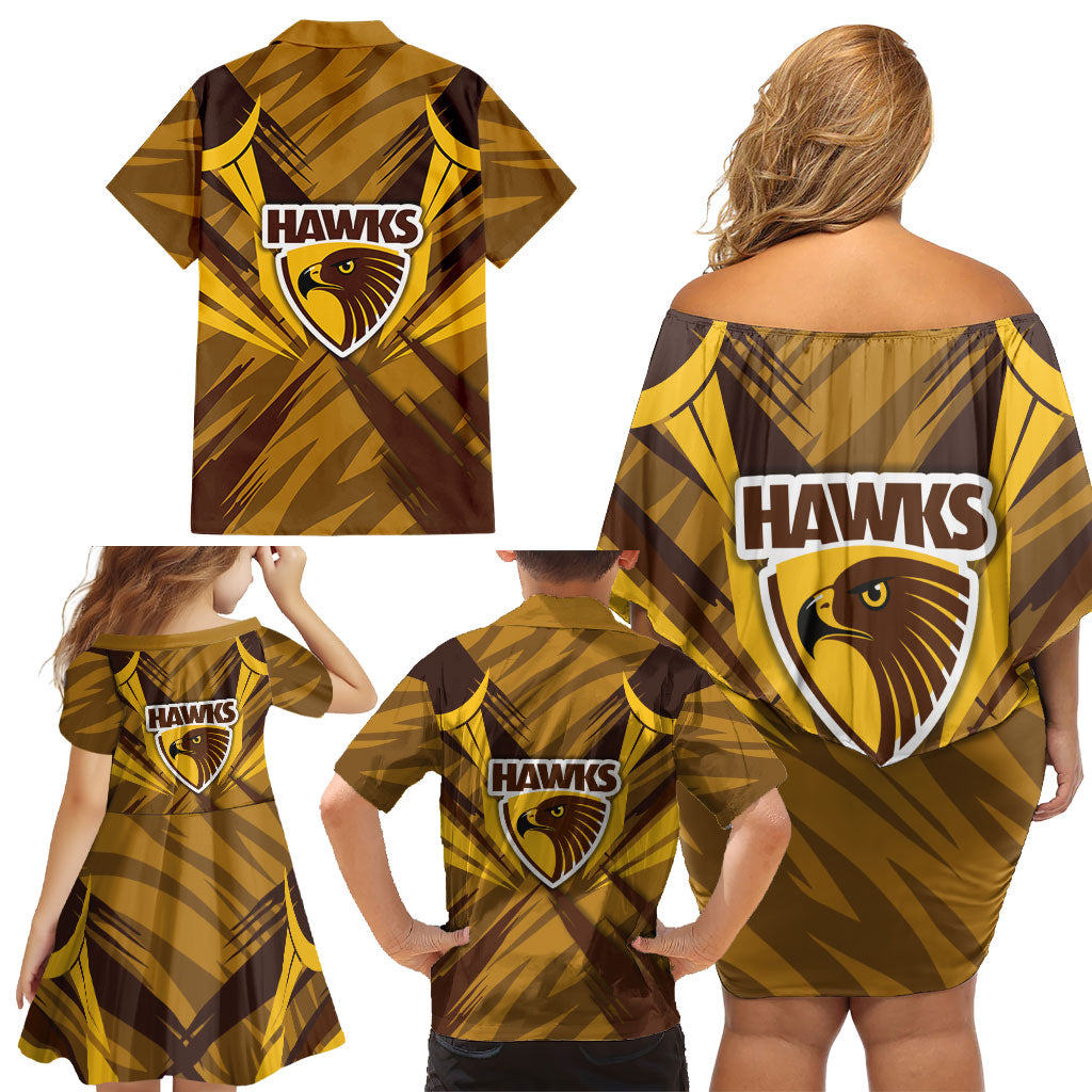 Hawthorn Hawks Australian Football Family Matching Off Shoulder Short Dress and Hawaiian Shirt Fierce Bird Mascot - Bold Team Colors
