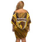 Hawthorn Hawks Australian Football Family Matching Off Shoulder Short Dress and Hawaiian Shirt Fierce Bird Mascot - Bold Team Colors