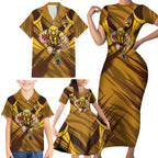 Hawthorn Hawks Australian Football Family Matching Short Sleeve Bodycon Dress and Hawaiian Shirt Fierce Bird Mascot - Bold Team Colors