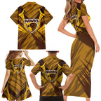 Hawthorn Hawks Australian Football Family Matching Short Sleeve Bodycon Dress and Hawaiian Shirt Fierce Bird Mascot - Bold Team Colors
