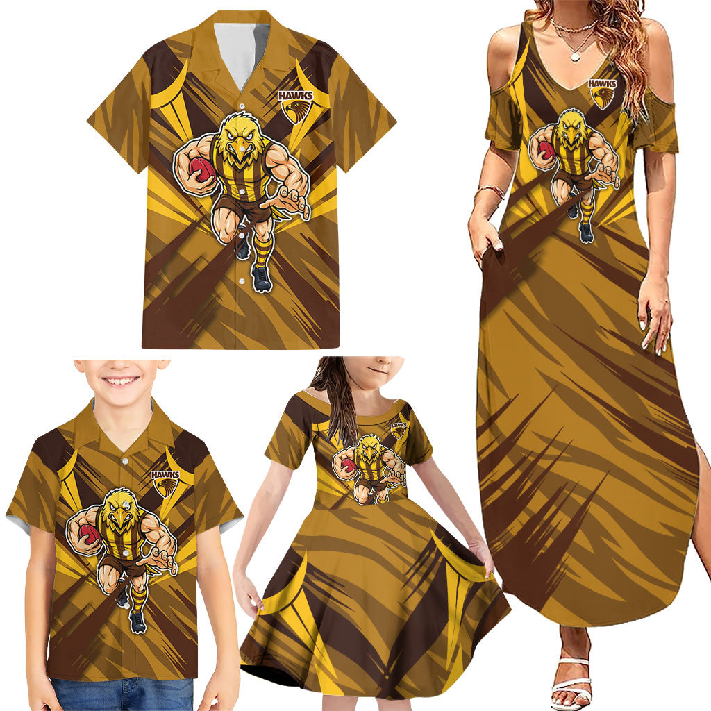 Hawthorn Hawks Australian Football Family Matching Summer Maxi Dress and Hawaiian Shirt Fierce Bird Mascot - Bold Team Colors