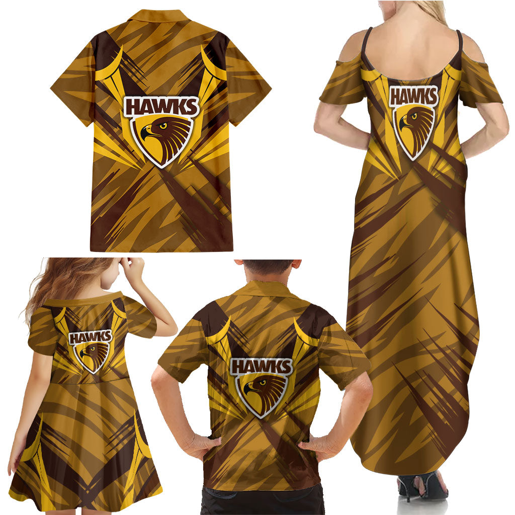 Hawthorn Hawks Australian Football Family Matching Summer Maxi Dress and Hawaiian Shirt Fierce Bird Mascot - Bold Team Colors