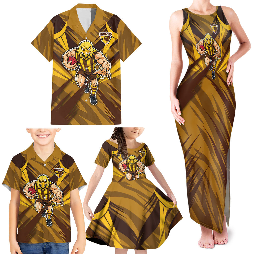 Hawthorn Hawks Australian Football Family Matching Tank Maxi Dress and Hawaiian Shirt Fierce Bird Mascot - Bold Team Colors
