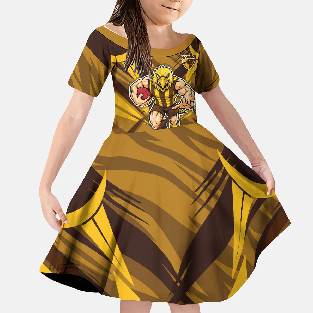 Hawthorn Hawks Australian Football Kid Short Sleeve Dress Fierce Bird Mascot - Bold Team Colors