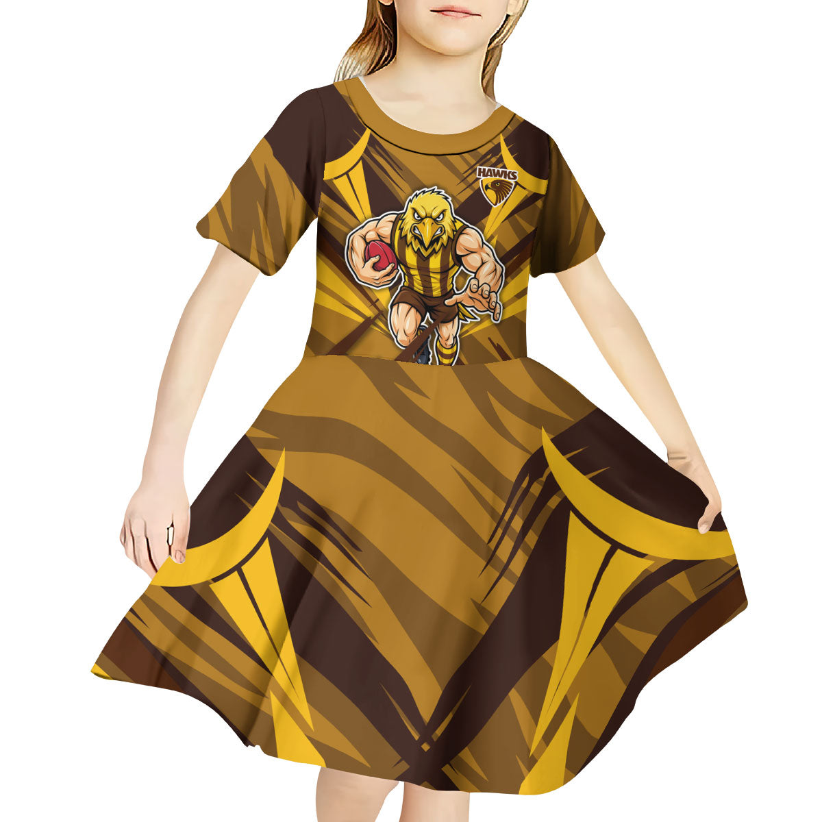 Hawthorn Hawks Australian Football Kid Short Sleeve Dress Fierce Bird Mascot - Bold Team Colors